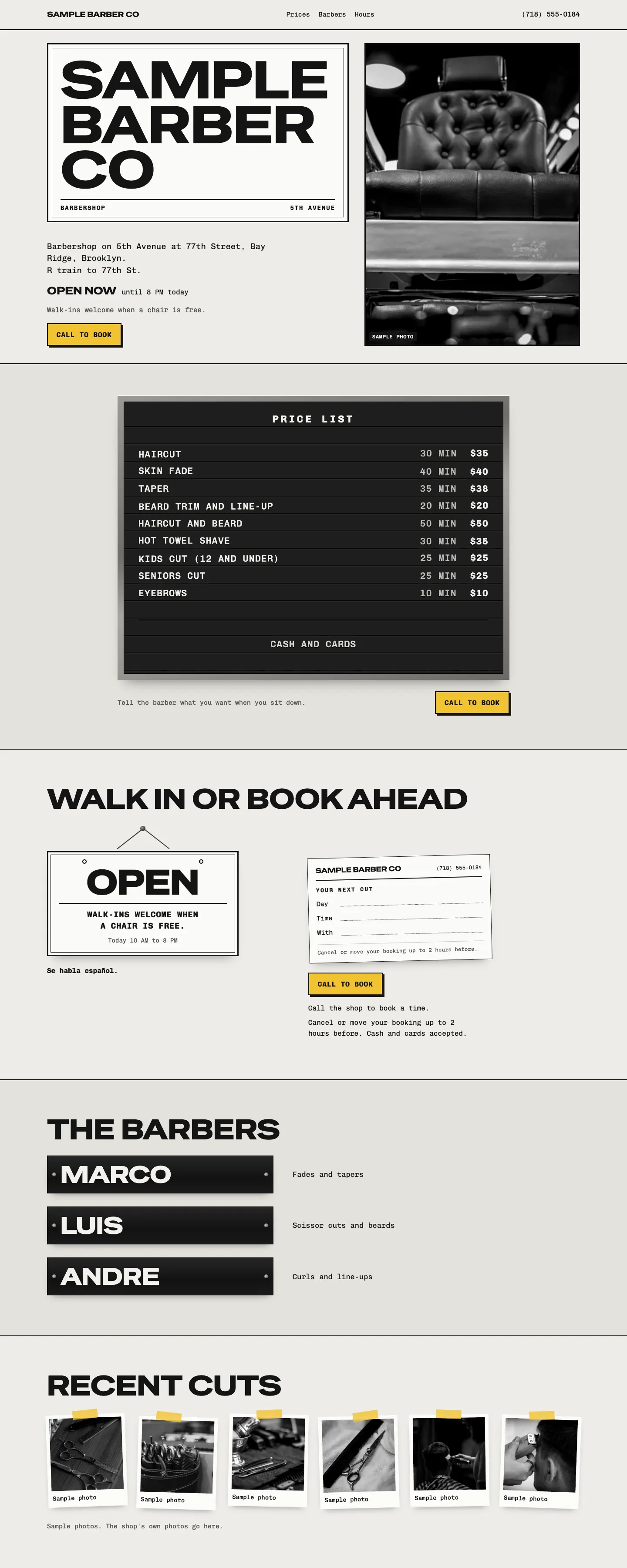 Sample website for a made-up barbershop