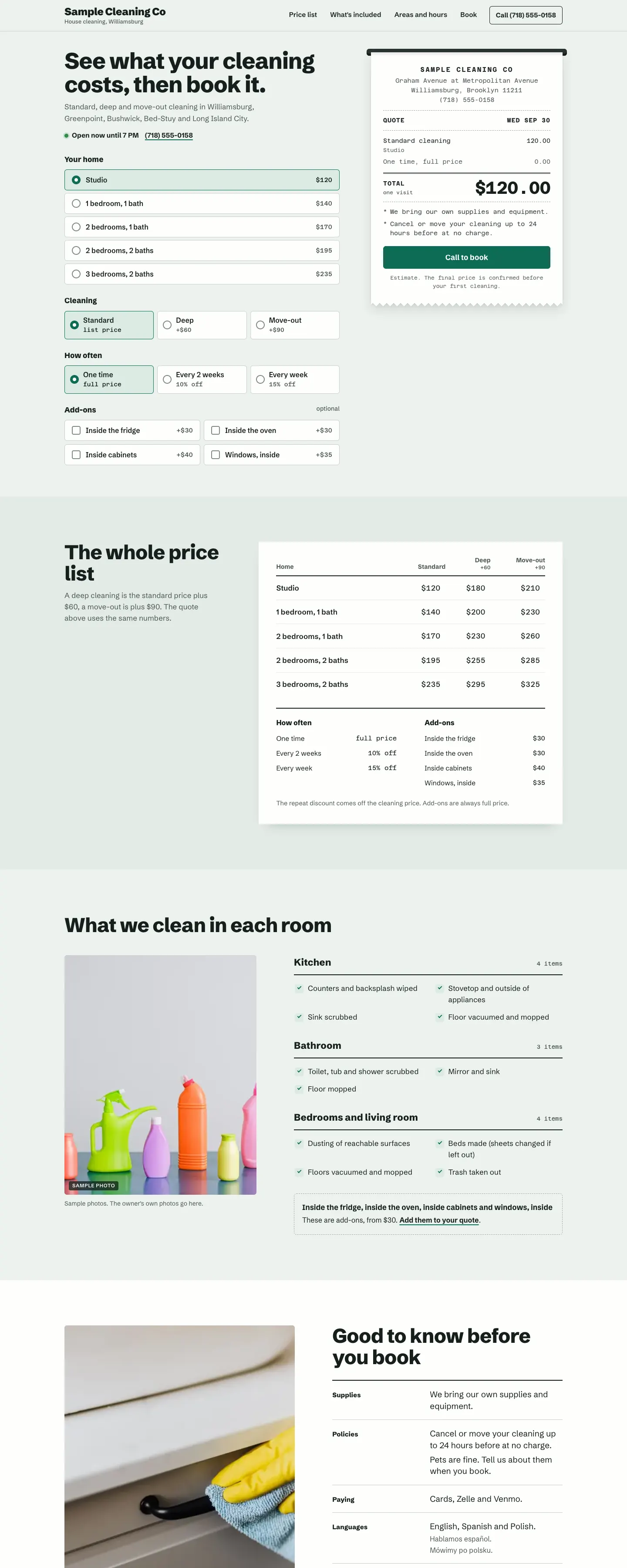Sample website for a made-up house cleaner