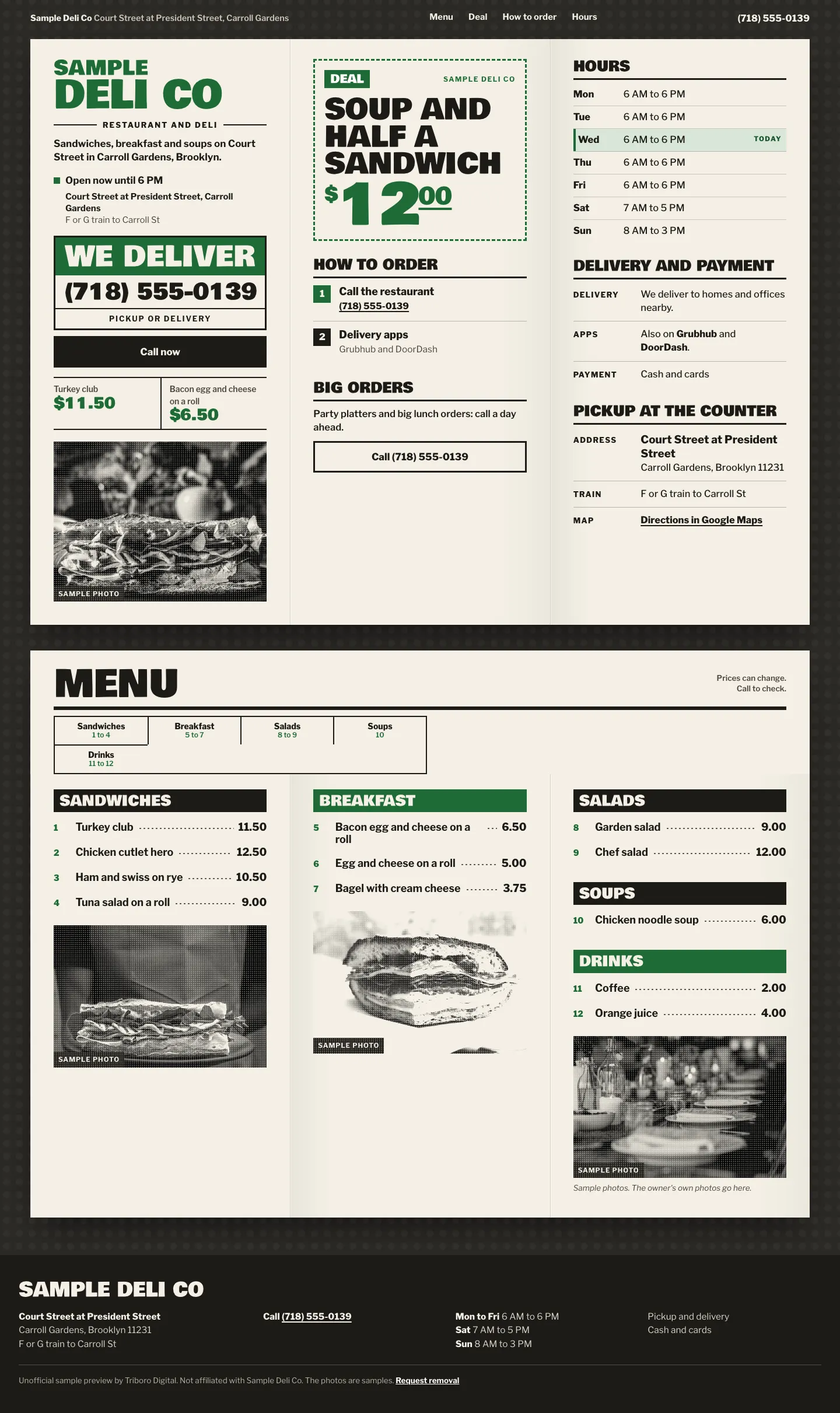 Sample website for a made-up deli
