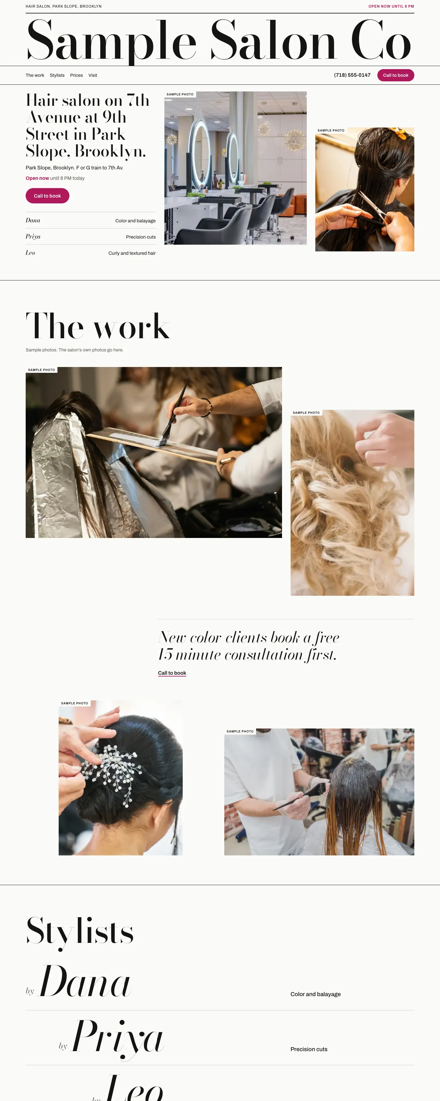 Sample website for a made-up hair salon
