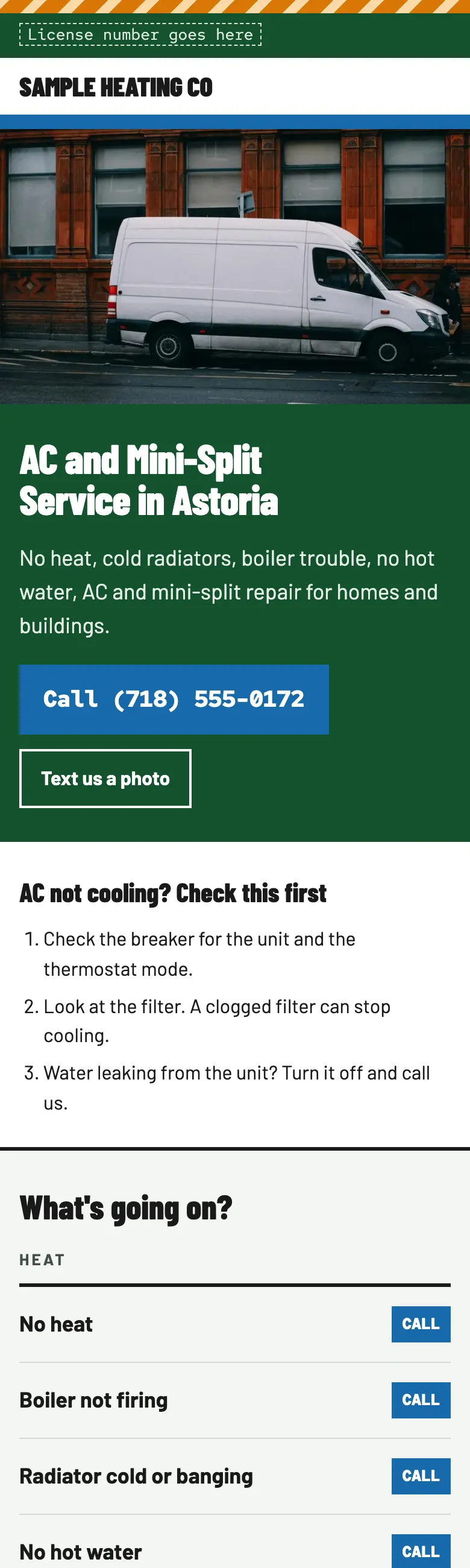 Top of the sample site for Sample Heating Co, a made-up heating and AC company