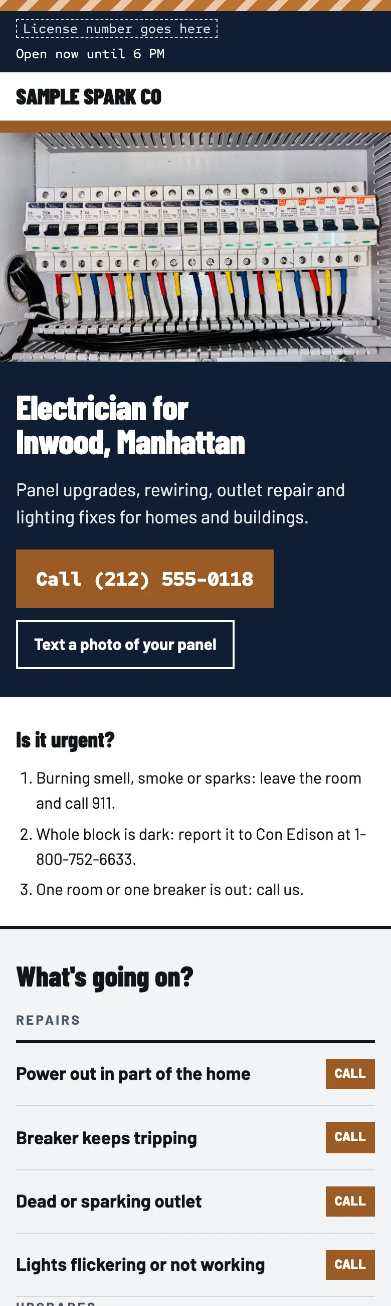 Top of the sample site for Sample Spark Co, a made-up electrician