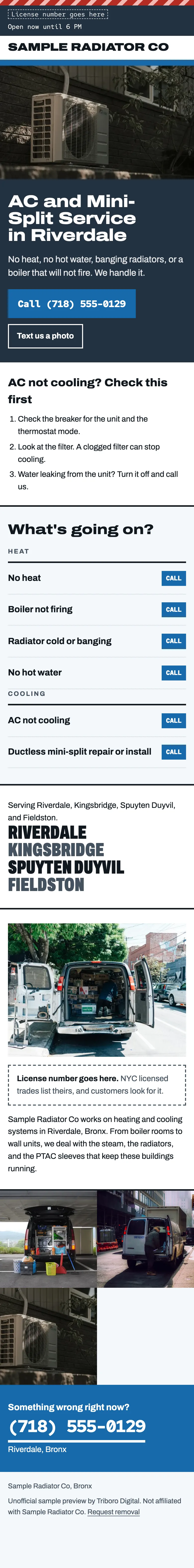 Sample website for a made-up heating and AC company