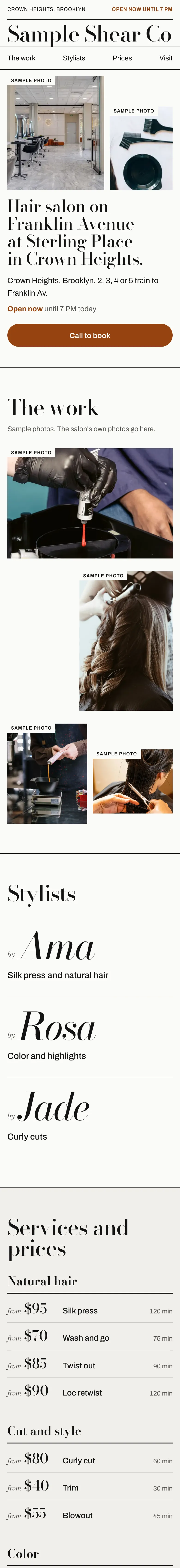 Sample website for a made-up hair salon